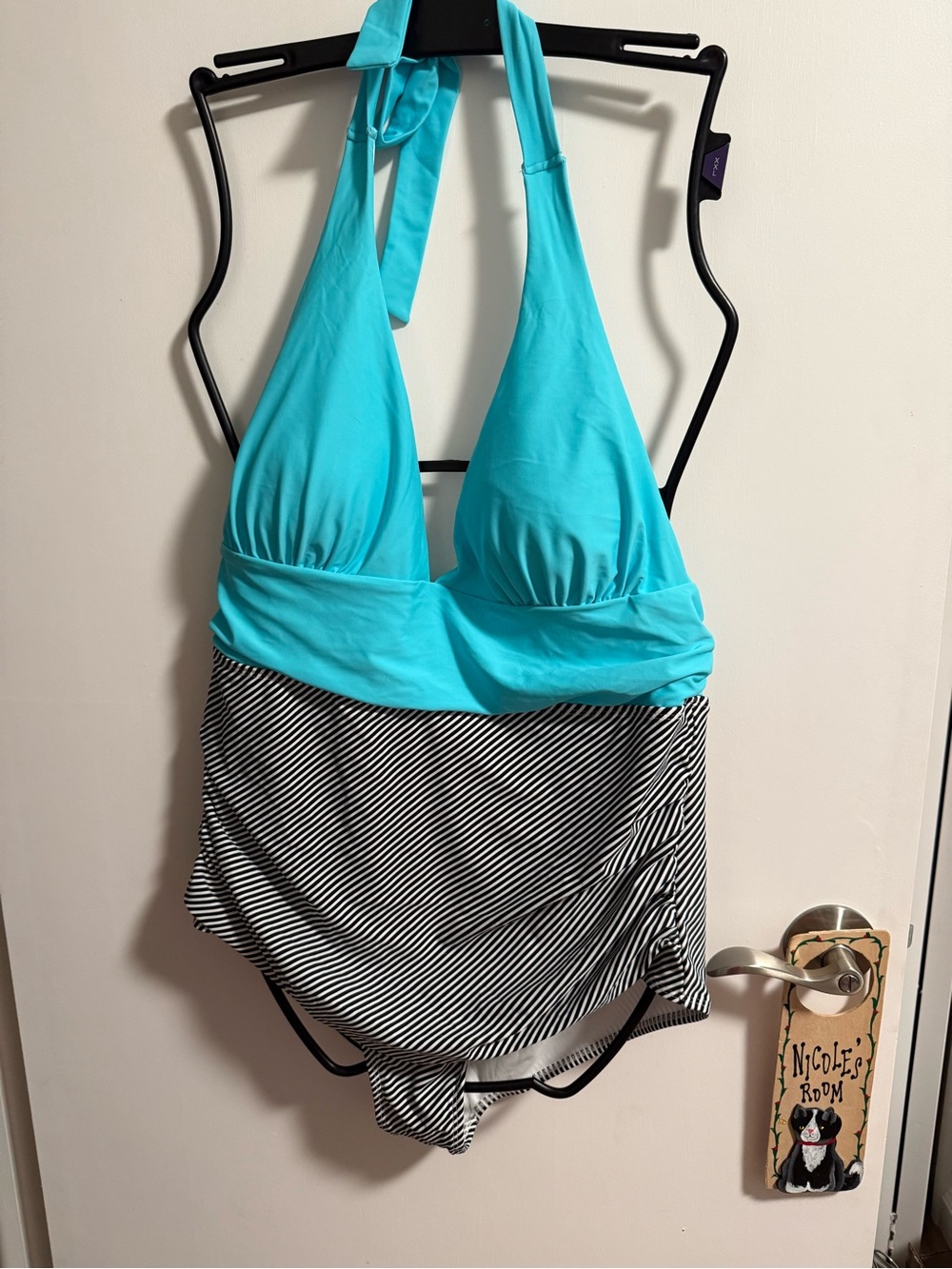 Halter One-Piece Swimsuit in Aqua with Striped Skirt